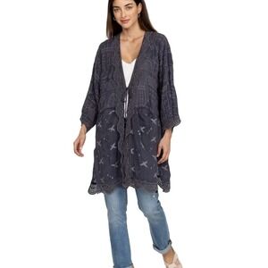 Johnny Was House Ecaterina Kimono‎ M Gray Embroidered Cupro Lace Trim
